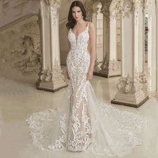 V Neck Wedding Dresses Gowns Lace Appliques Sexy Mermaid Bridal Gowns Backless