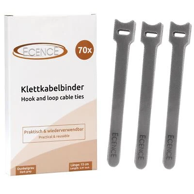 ECENCE 70er Set Klett-Kabelbinder Grau Klettverschluss Klettbinder Klettband