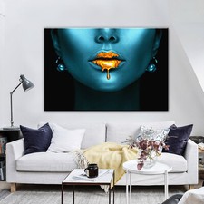 Impresión de labios dorados estilo arte pop mujer africana lienzo erótico abstracto enmarcado
