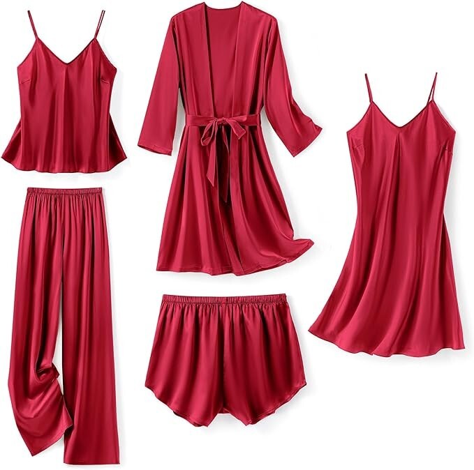 Women's Pajamas Sleepwear Loungewear Satin Robe Cami Shorts sexy silk 5Pcs Pj S