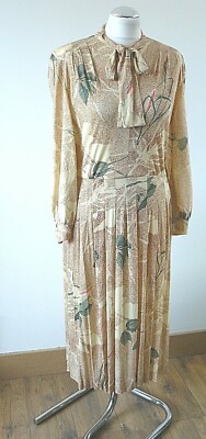 Vintage beige plissiert Muschi Schleife Retro Landgirl Kleid Blumen Handarbeit passt UK 10