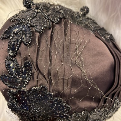 Schiaparelli Vintage Black Satin Sequined Hat Made In France Original Veil Schiaparelli Vintage Black Satin Sequined Hat Made In France  main image 3