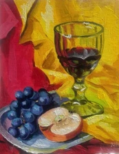 Original Oil Painting Still Life with glass and grapes, apple