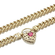 18K GL Solid Curb Yellow Gold Necklace Filigree Heart Padlock Ruby Red Gem