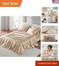 Elegant Champagne Satin Sheets for Queen Size Beds - 6-Piece, Deep Pocket