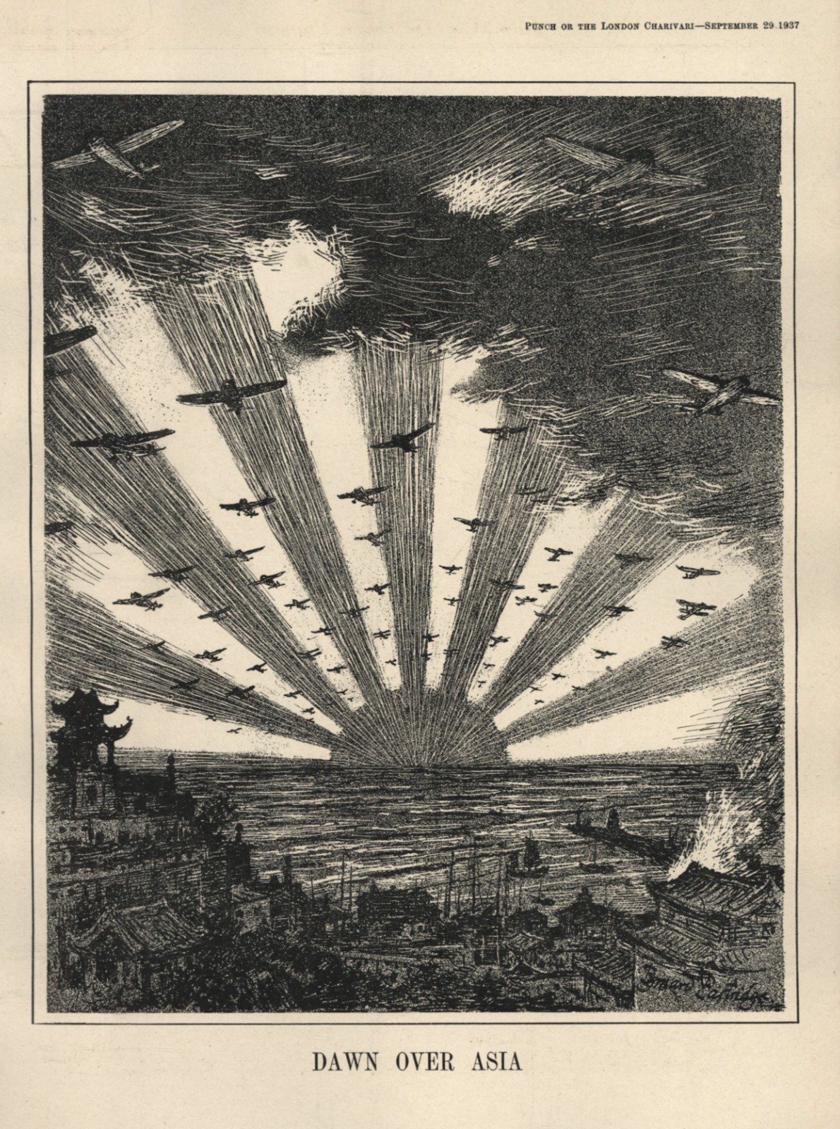 Rare 1937 British Cartoon: BATTLE OF SHANGHAI Sino-Japanese War RISING SUN FLAG