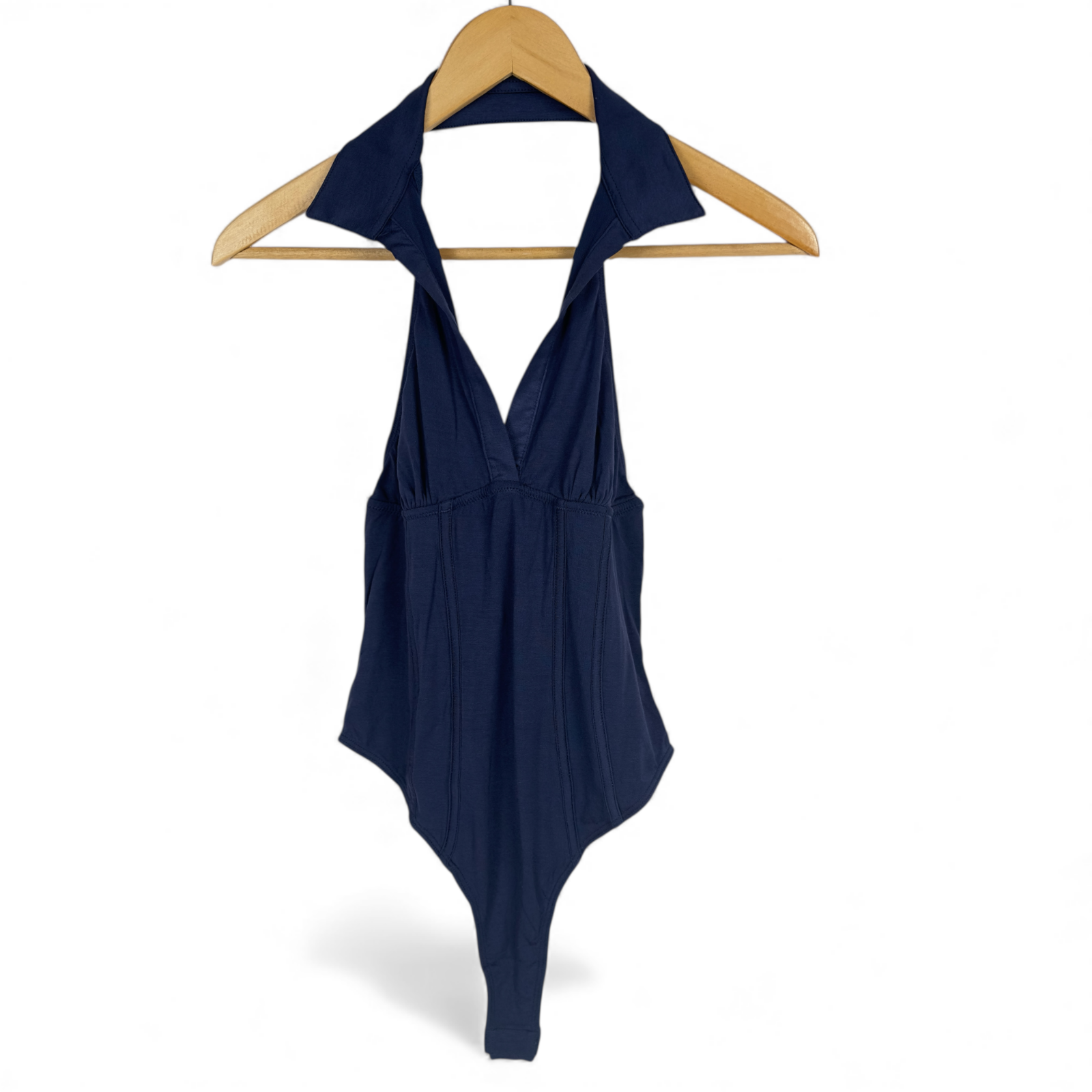 Anthropologie Halter Bodysuit Navy Size XS NWT $88 Deep V Neck Minimal Modern