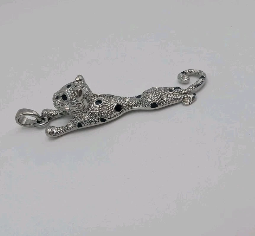 Vintage Silver Tone Panther Leopard Pendant Crystal Rhinestone Black Enamel - Изображение 2 из 4