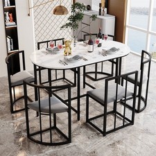 Dining Table and Chairs Set 6, Oval Table with Marble Effect Top and Metal Frame