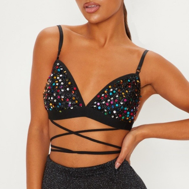 Pretty Little Thing Bralet Womens 12 Black Cicely Multi Sequin Harness Top