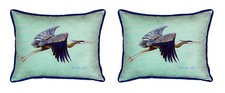 Pair of Betsy Drake Flying Blue Heron Large Indoor Outdoor Pillows 16" X 20"
