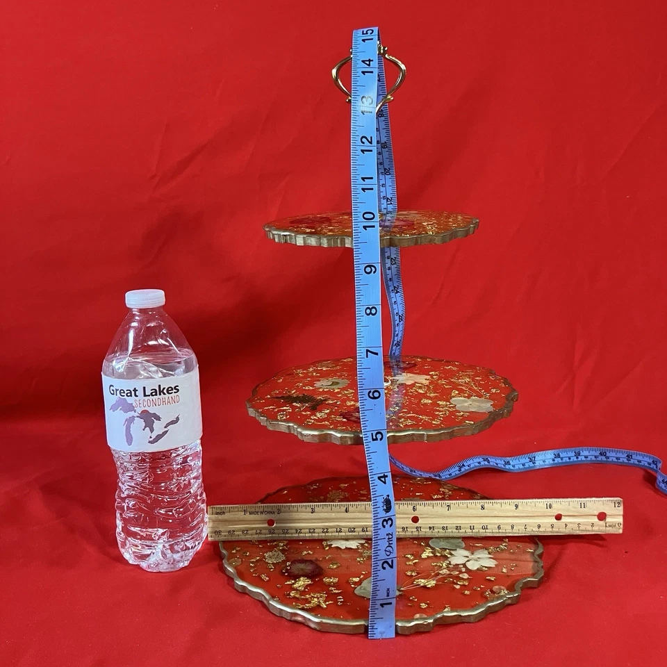 1 - Bandeja para servir vintage de flores secas de acrílico de 3 niveles / copos de oro / fiesta / defecto Foto 2 de 4