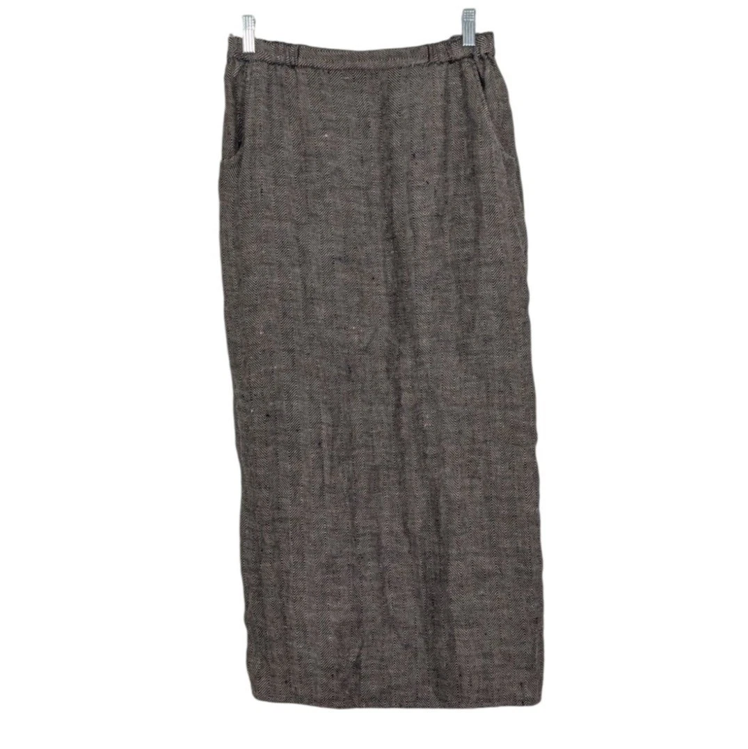 Flax Linen Herringbone Maxi Skirt Womens Petite Small Black Straight Lagenlook