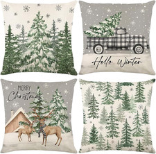 Winter Christmas Pillow Covers Set of 4, 18x18 Reindeer and Pine Tree Designs
