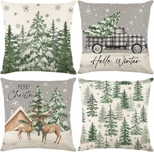 Winter Christmas Pillow Covers Set of 4, 18x18 Reindeer and Pine Tree Designs