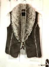 Principles Y2K Brown Faux Fur Lined Sleeveless Waistcoat With Feather Tie 10 uk
