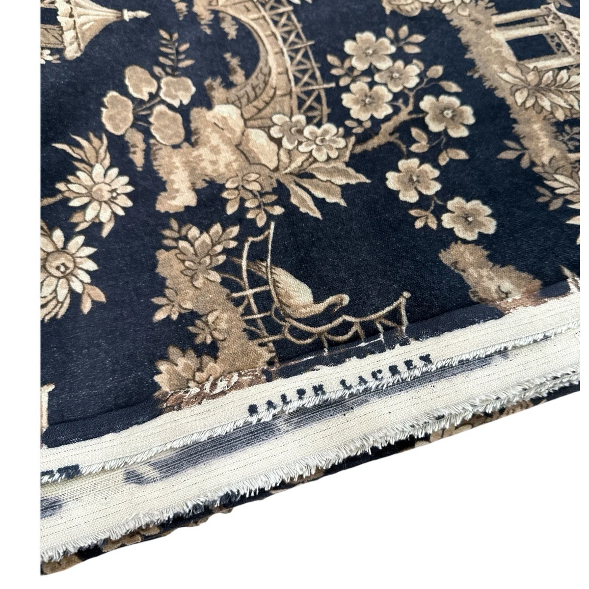 4 Yards Ralph Lauren Velvet Chinoiserie Black Tan Upholstery Fabric Rare!