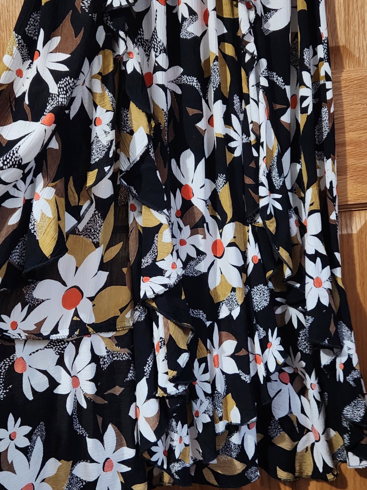 Angie Maxi Dress Women Sz L Black Floral Tie Front Ruffle Slits BohoRetro Spring