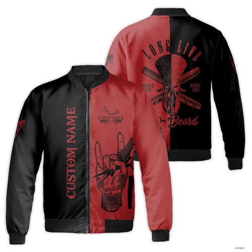 Custom Name Barber Black and Red Long Live The Beard Bomber Jacket S-5XL video thumbnail