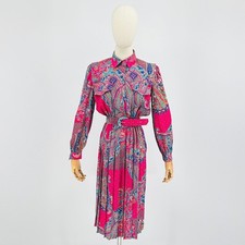 80s Pink Teal Paisley Pleated Long Sleeve Midi Shirt Dress w Matching Belt