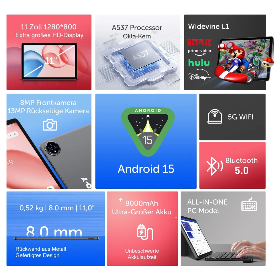 2025 Neuest Tablet Android 15 16GB RAM+256GB 8000mAh 11 Zoll Octa Core WlFl IPS - Bild 2 von 4