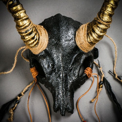 Antelope Devil Animal Skull with Gold Impala Horns Party Masquerade Mask Black - Picture 2 of 8