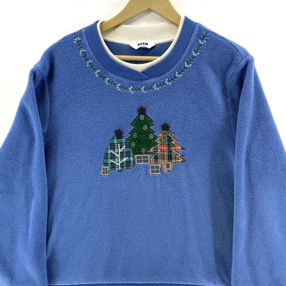 Alia Women's Fleece Sweater Christmas Tree Stitching Plaid Layered Blue Size L - Image 2 of 4