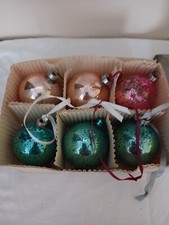 6 Vintage Made In USA Teal And Pink Glass Ornaments