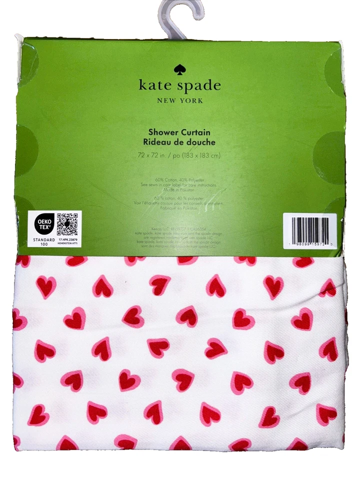 Kate Spade Brushstroke Hearts Cotton Blend Shower Curtain Red Pink White NEW - Image 4 of 4