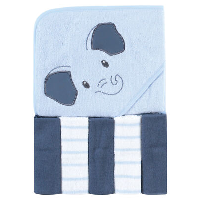 Hudson Baby Hooded Towel and Five Washcloths, Blue Elephant, One