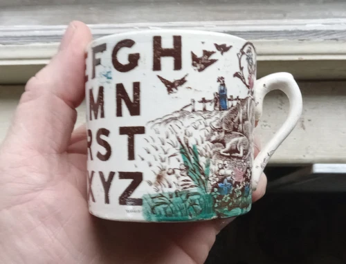 1880s STAFFORDSHIRE ABC MUG CHILD'S ALPHABET CUP WITH APPLIED HANDLE COLORFUL