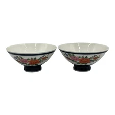 Japanese Porcelain Rice Soup Bowls Made in Japan Beautiful Flower Design Pair