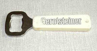 Bottle opener, crown cap, Gerolsteiner plastic handle white, 14 cm collector