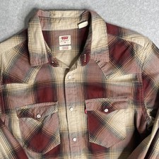 Levis Shirt Men's Sz M Western Long Sleeve Pearl Snaps Ranch Wear Maroon Plaid