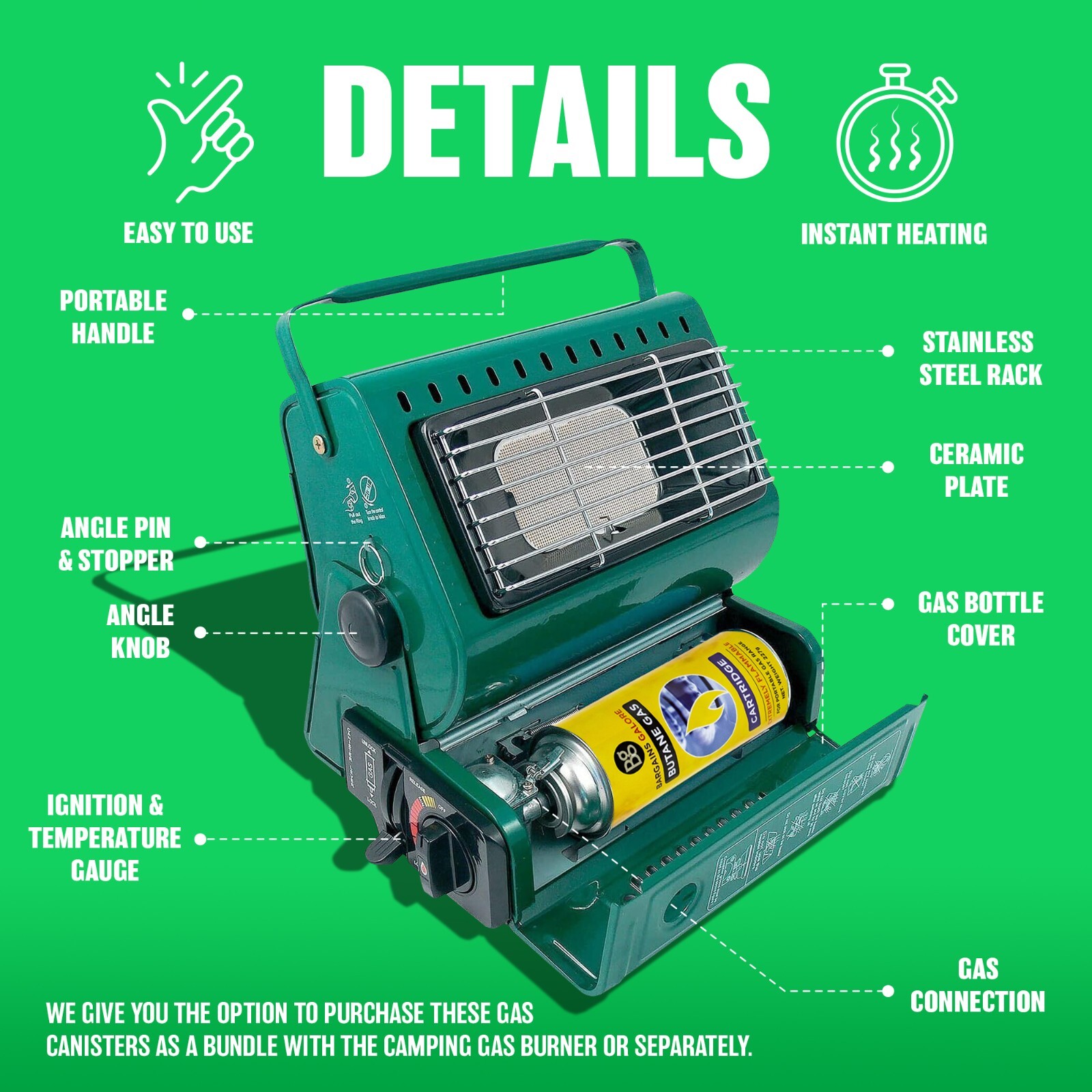 NEW PORTABLE GAS HEATER + 4 BUTANE BOTTLES CANISTERS CAMPING OUTDOOR