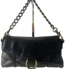 Hobo International Leather Handbag Tote Black Brass Chain Strap Small Vintage