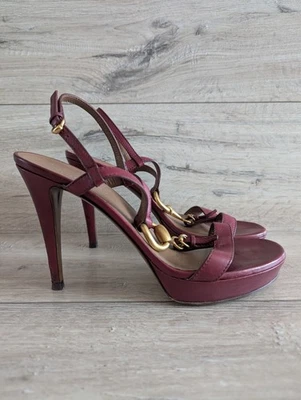 Vintage GUCCI Horsebit Platform Sandals Burgundy Leather Heels IT 40 / US 9.5 - Image 1 of 4