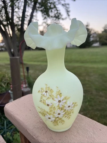 Vintage Fenton Satin Custard Glass Vase Crimped Rim Hand Painted Signed Glows