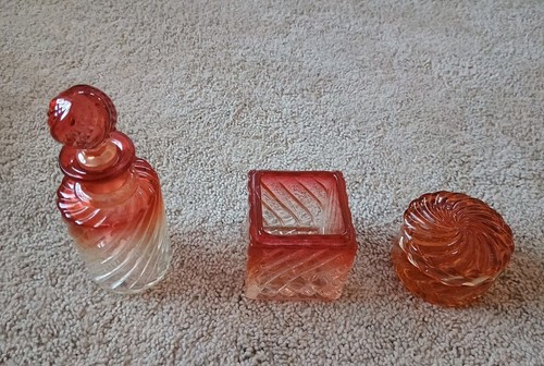 Baccarat Sunset Red , Perfume Bottle,Candle Holder, Dresser Jar Box 3 Lot