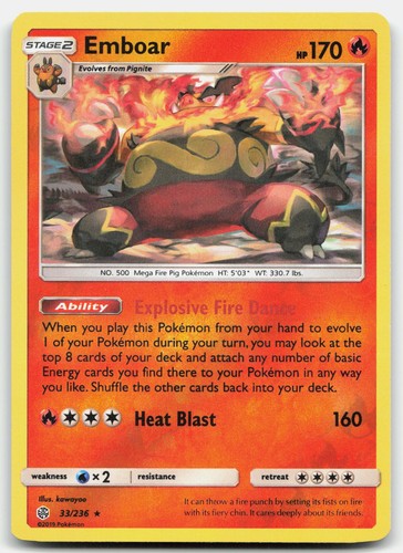Emboar 33/236 Rare Cosmic Eclipse Pokemon Reverse Holo Near Mint