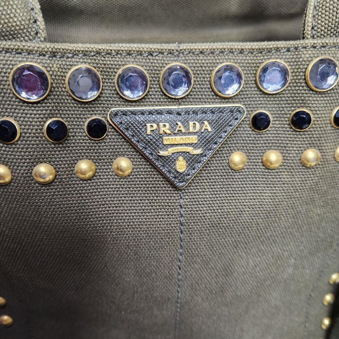 PRADA Tote Bag Canapa Bijou Shoulder Bag khaki Canvas Women W/Guarantee Card JP thumbnail 3