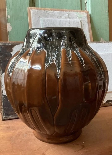 Van Briggle Art Pottery Large Bulbus Vase Signed Brown Black Drip Glaze