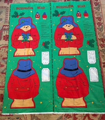 Paddington Bear 2 Fabric Cut Sew Panel 1999 Stuffed Doll Rose & Hubble CHRISTMAS