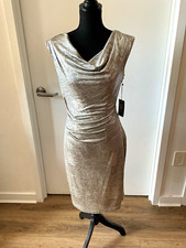 Vince Camuto Metallic Silver Ruched Cowl Neck Sheath Dress Lined Zip Sz 6