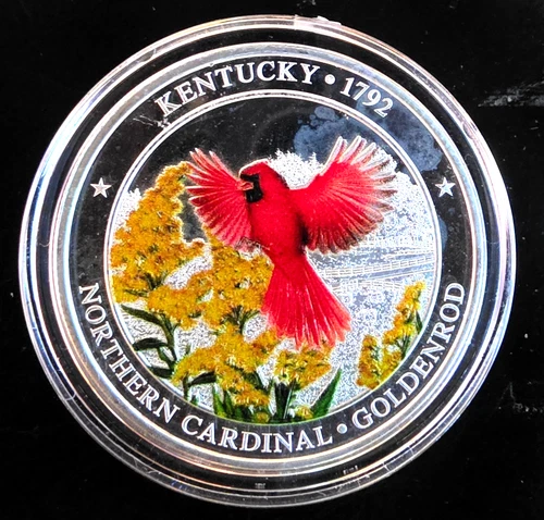 Kentucky US State Bird & Flag Colorized Rare Vtg Bullion-0.999 Silver 1 Oz Coin