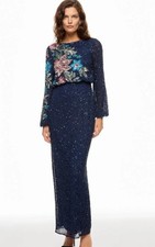 Mac Duggal Women Blue Embellished Multi Color Floral High Neck Gown Dress Size 4