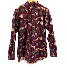 Vintage 90s Chaps Ralph Lauren Maroon 100 Cotton Leaf Print Button Up