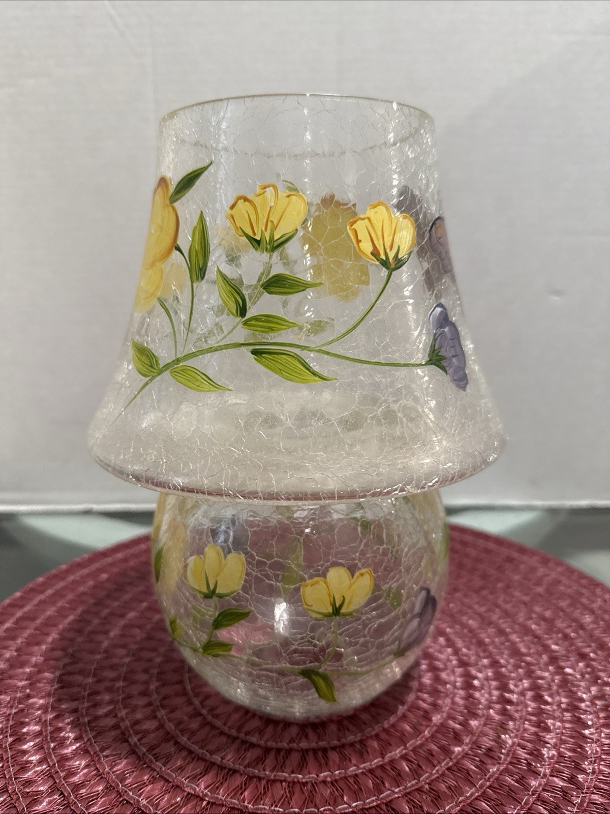 Vintage Anthropologie Floral Butterfly Hand Painted Painted Glass Lamp Vase EUC