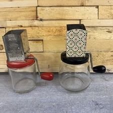 L👀K Antique Vintage ANDROCK Nut Chopper/Spice Grinder Metal Glass Jar X2