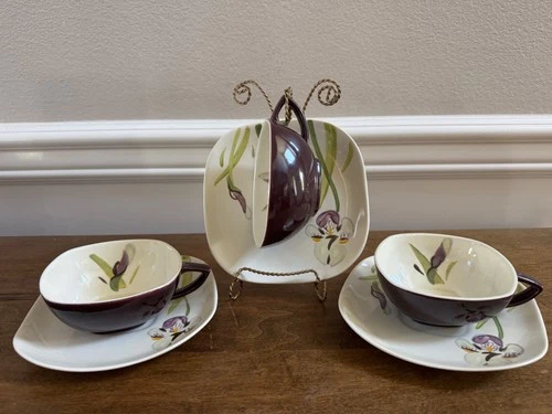 3 VINTAGE RED WING IRIS HANDPAINTED CUP & SAUCER SETS MID CENTURY POTTERY